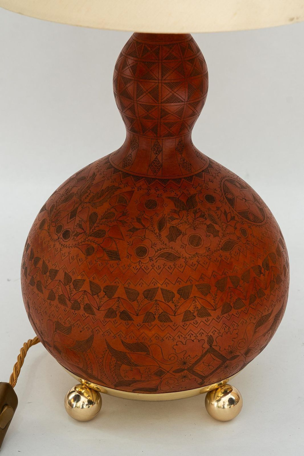 Art Deco Table Lamp With A Sort Of Pumpkin Hand Engraved With Fabric Shade 1920s photo buy