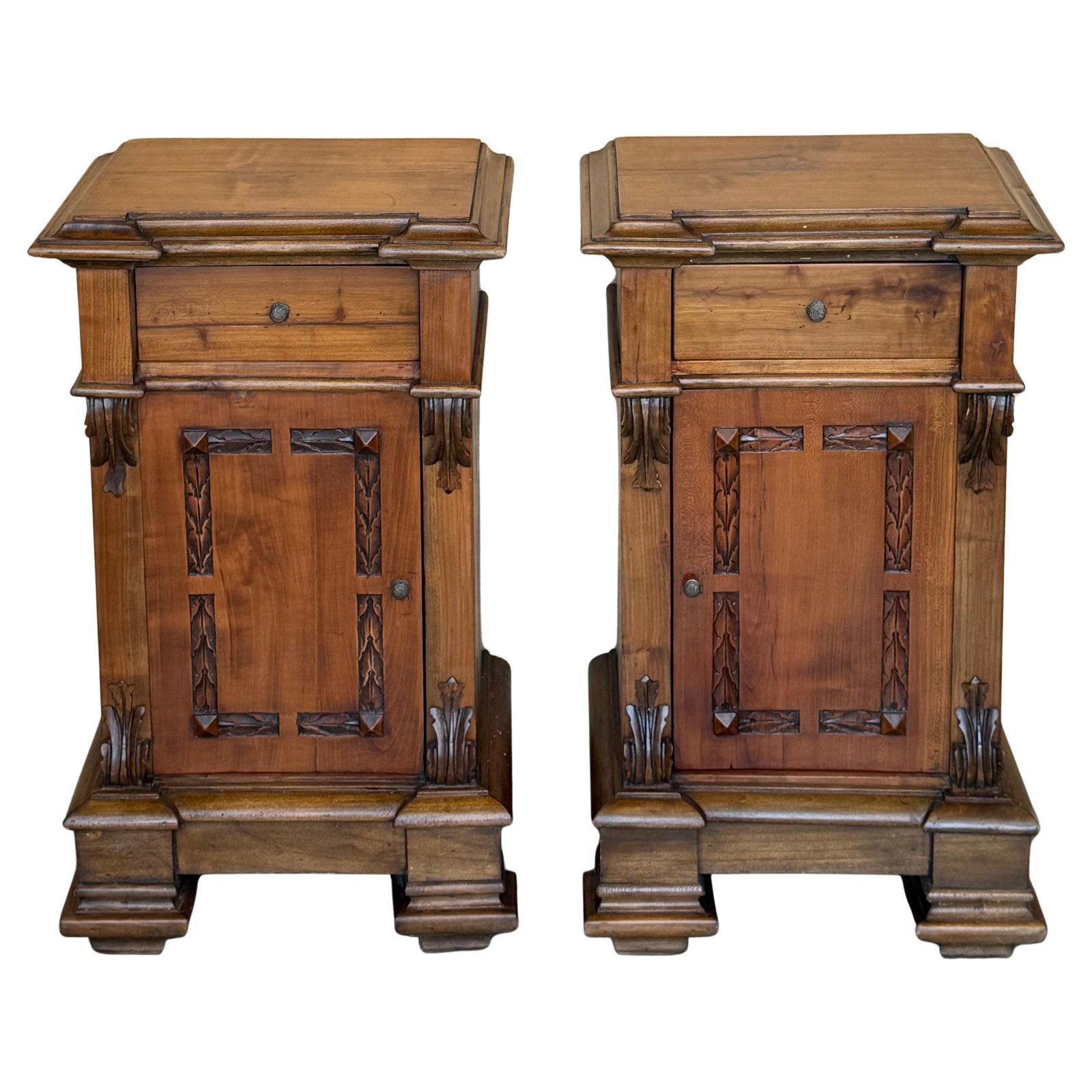 French Provincial Carved Walnut Nightstands With Drawer And Door, 1920, Set Of 2