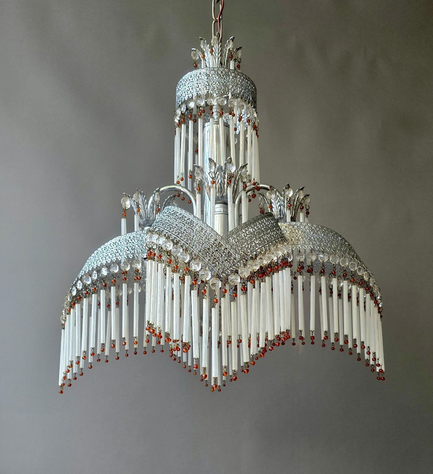 photo for sale Italian Chandelier With Crystal Drops And Glass Rods, 1970s