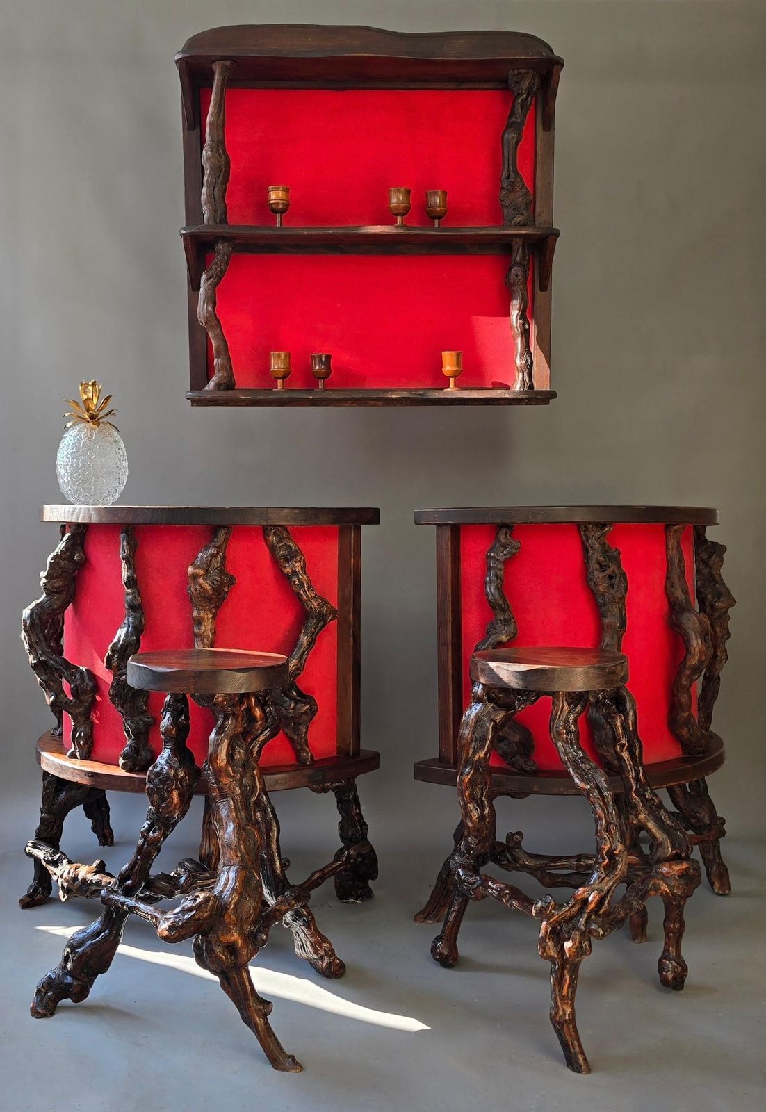 Rare Sculptural Brutalist Rootwood Bar Ensemble France 1950s 5 Piece Dry Bar Set photo 12828.0