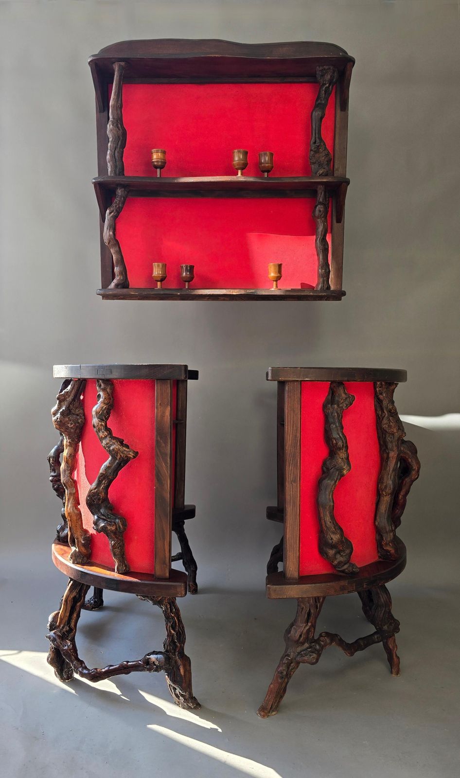 Rare Sculptural Brutalist Rootwood Bar Ensemble France 1950s 5 Piece Dry Bar Set photo vinterior