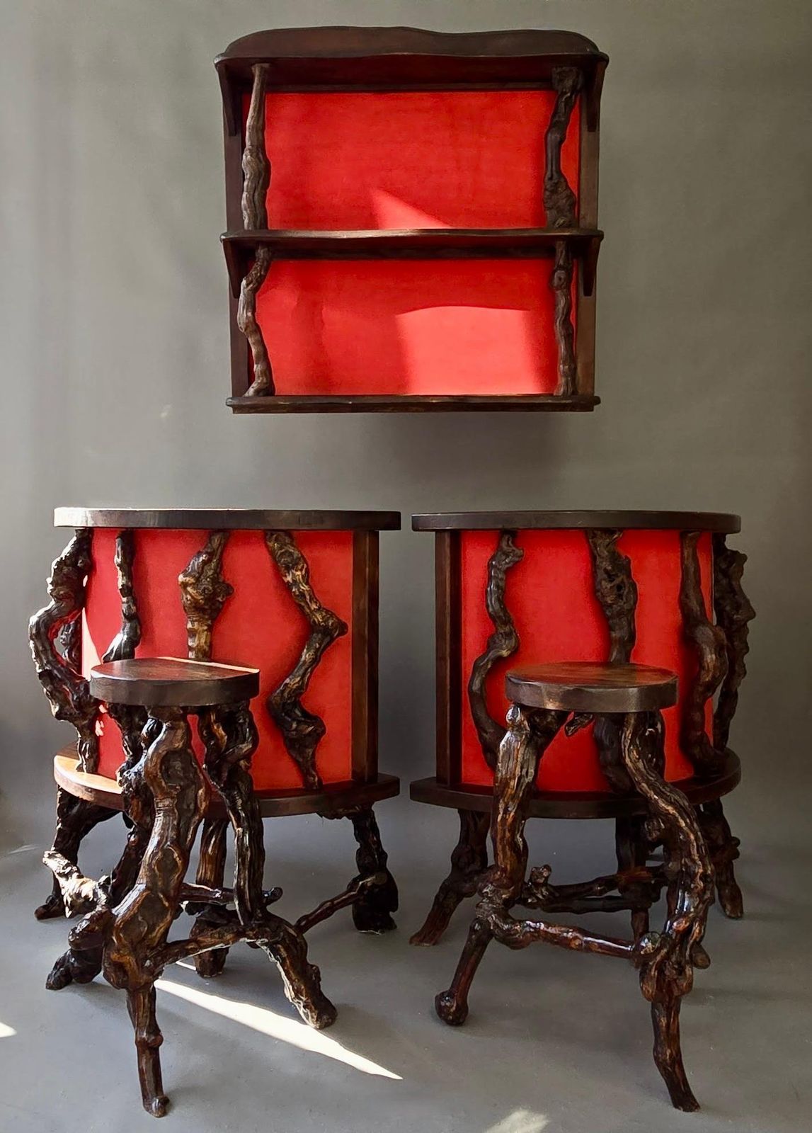 12828.0 Rare Sculptural Brutalist Rootwood Bar Ensemble France 1950s 5 Piece Dry Bar Set photo