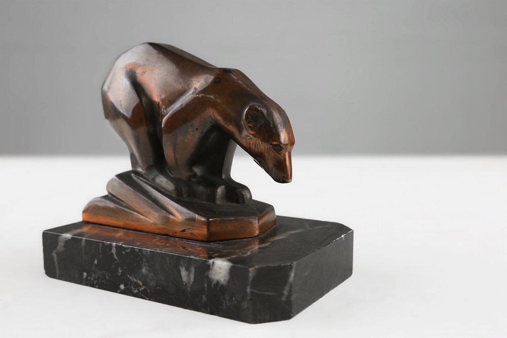 Art Deco Metal Polar Bear On Black Marble Base, France, 1930s