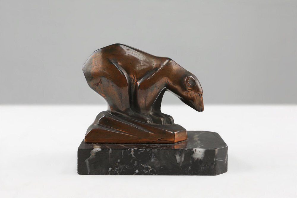 photo furniture Art Deco Metal Polar Bear On Black Marble Base, France, 1930s