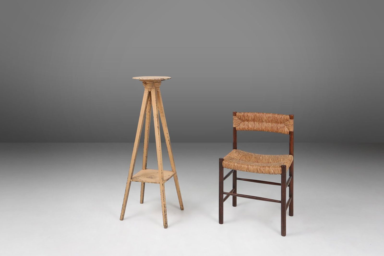 photo furniture Industrial Painted Wooden Tripod Console Table With Rich Patina, 1890s
