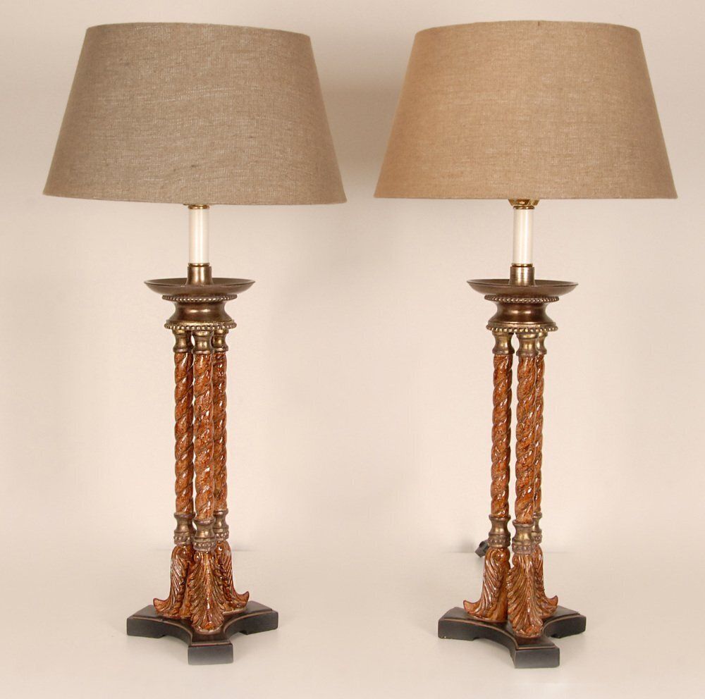 Vintage Italian Neoclassical Column Lamps In Turned Burl Wood, 1980s, Set Of 2 photo vintage