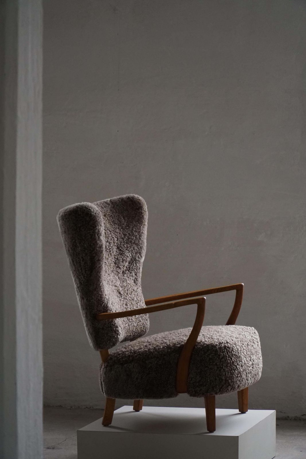 High Back Lounge Chair In Oak & Lambswool, Danish Modern, Viggo Boesen, 1950s photo Furniture