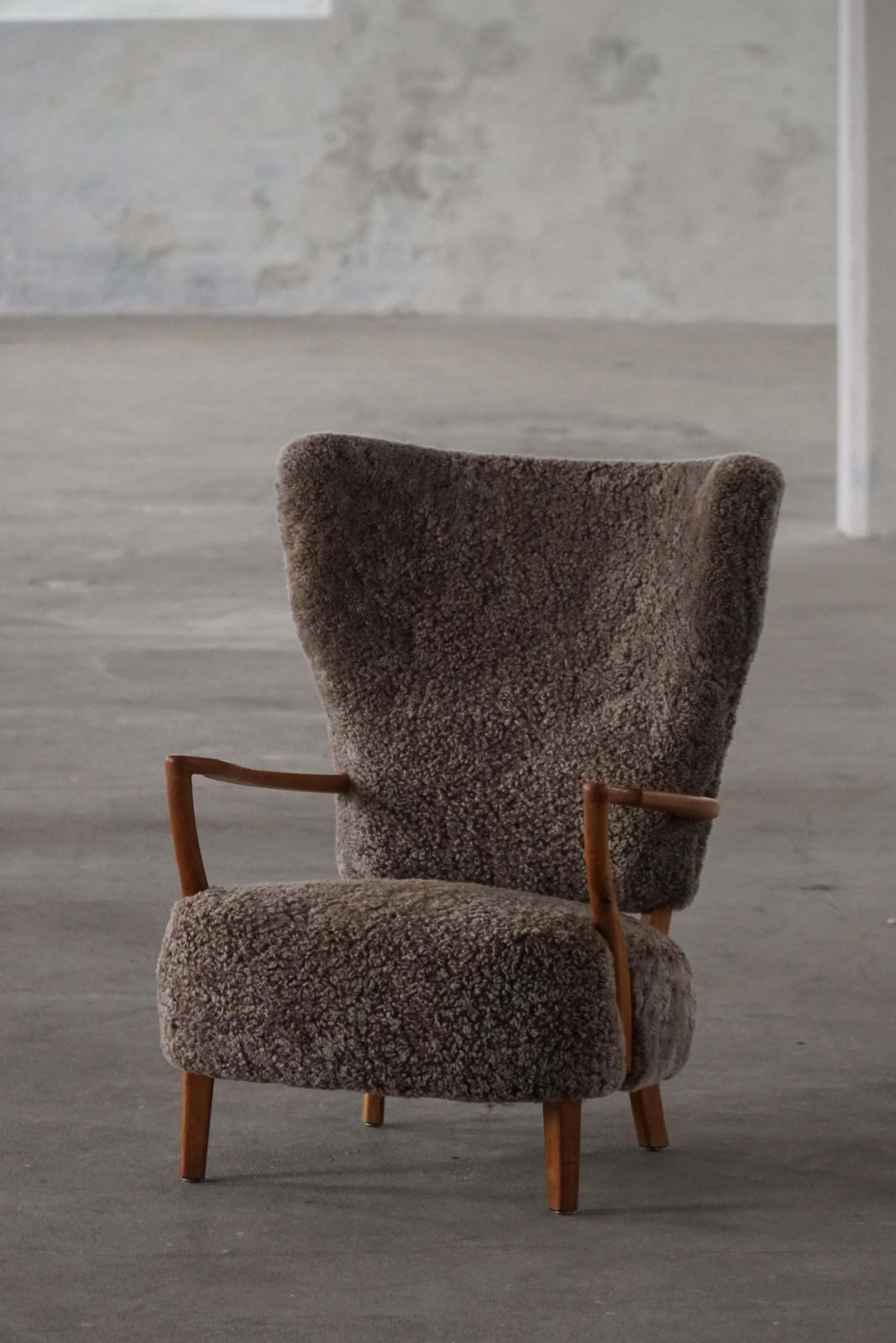 High Back Lounge Chair In Oak & Lambswool, Danish Modern, Viggo Boesen, 1950s photo vintage