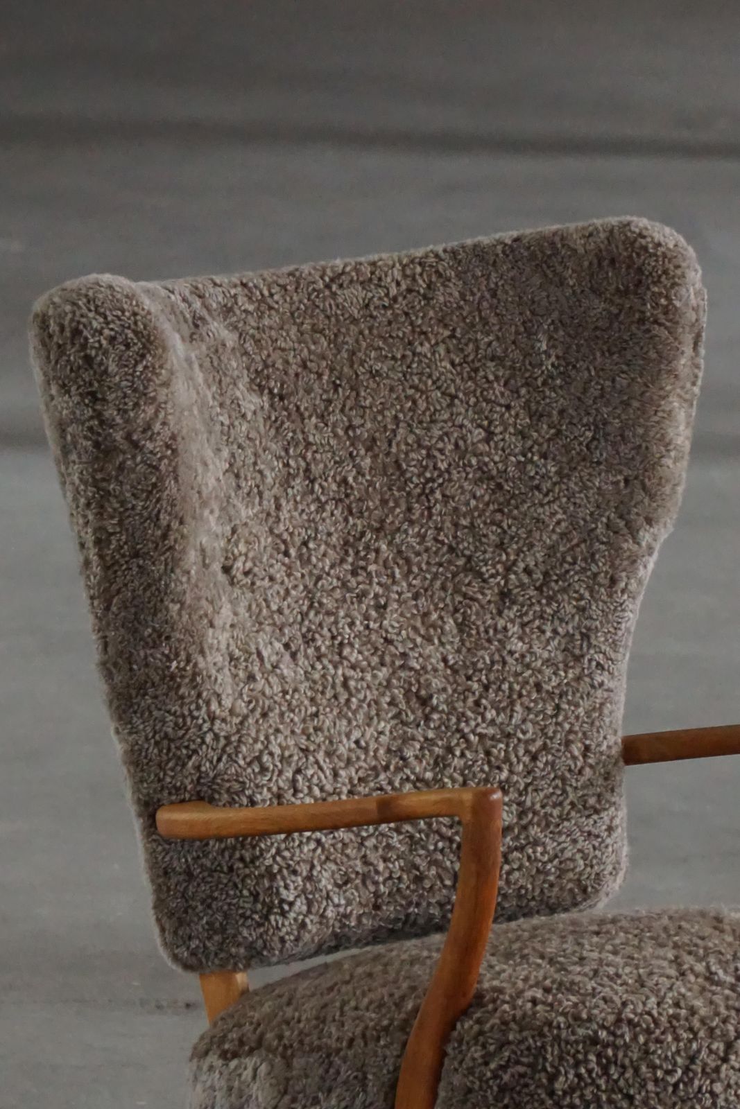 photo furniture High Back Lounge Chair In Oak & Lambswool, Danish Modern, Viggo Boesen, 1950s