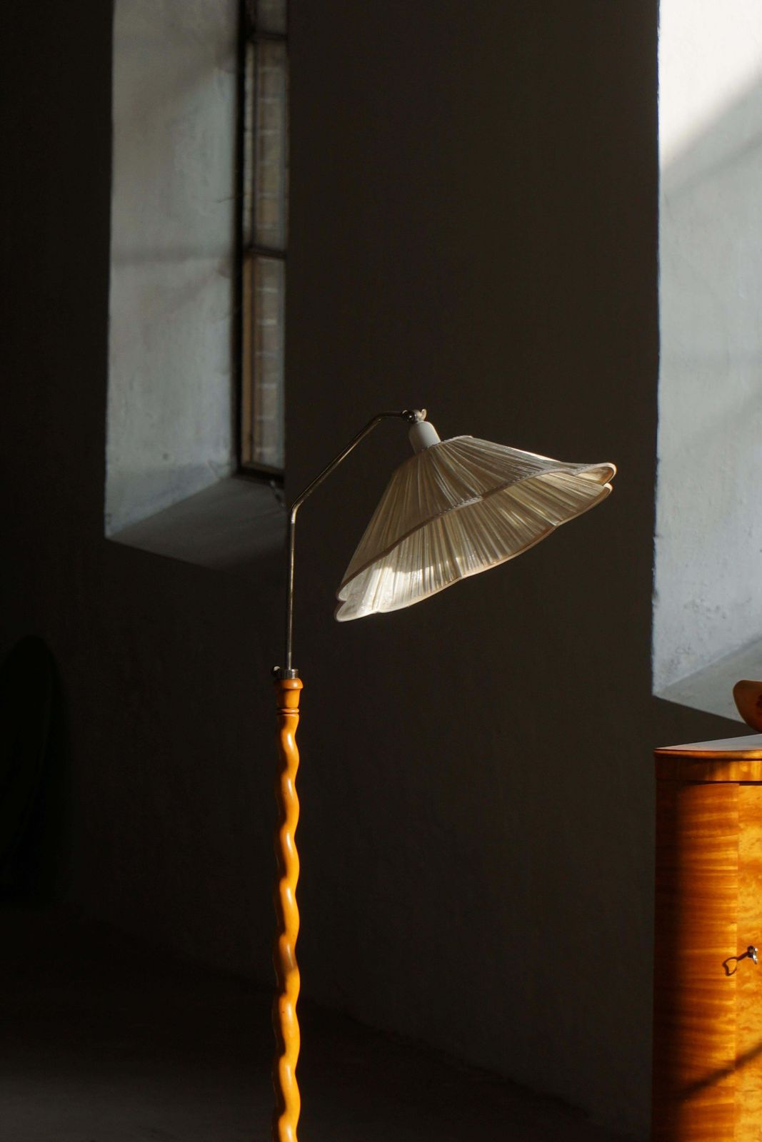 Lighting Swedish Floor Lamp With Turned Birch Base And Pleated Shade, Mid 20th Century photo