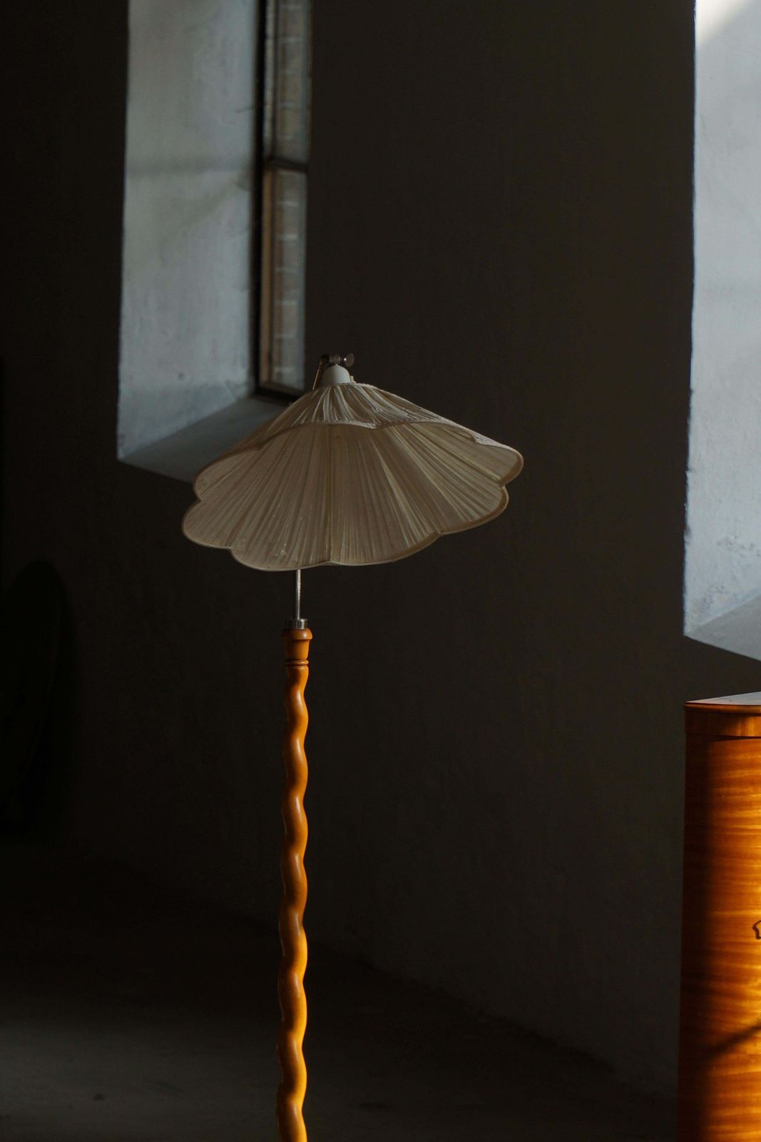 photo buy Swedish Floor Lamp With Turned Birch Base And Pleated Shade, Mid 20th Century