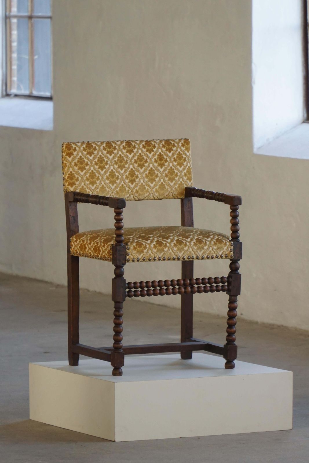 French Bobbin Louis XIII Style Armchair, Patterned Fabric, Early 20th Century photo Furniture