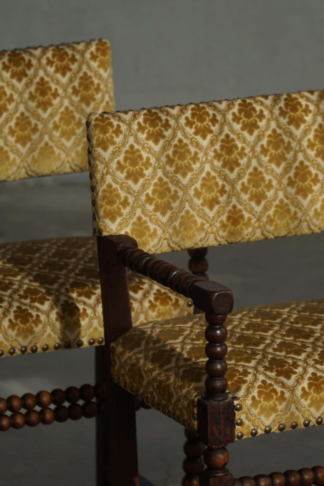 French Bobbin Louis XIII Style Armchair, Patterned Fabric, Early 20th Century photo buy