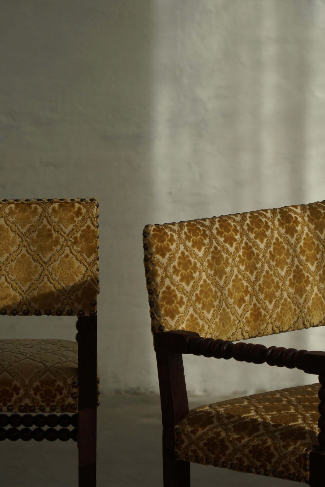 Furniture French Bobbin Louis XIII Style Armchair, Patterned Fabric, Early 20th Century photo