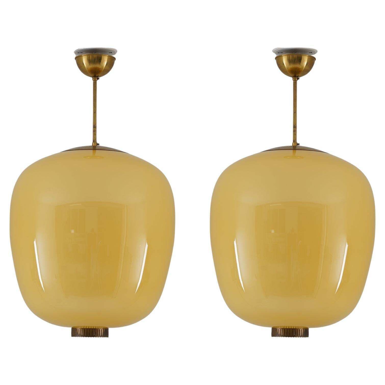 Xl Swedish Modern Brass And Glass Pendant