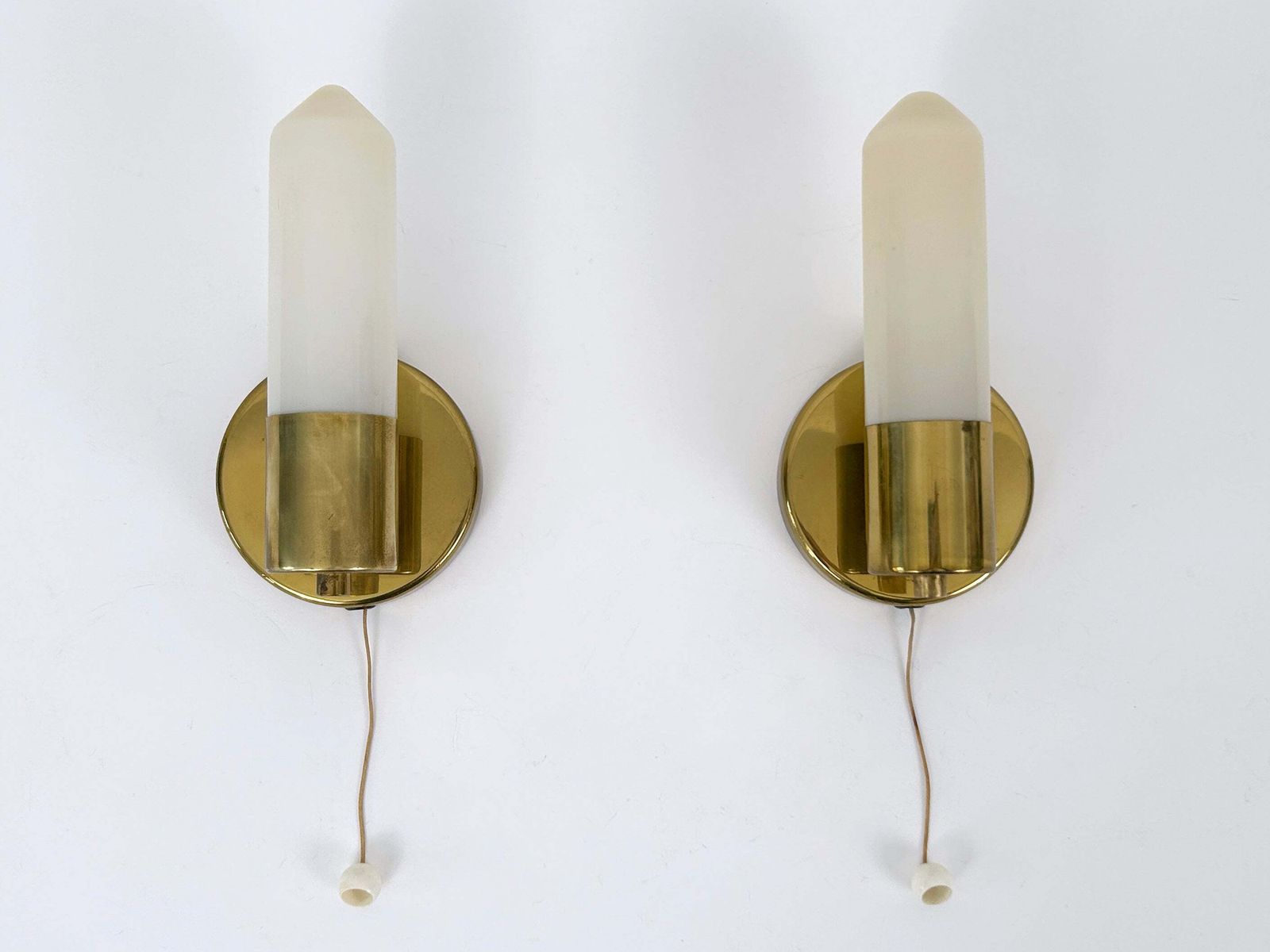 Set Of Two Elegant Bauhaus Brass & Opaline Glass Sconces Germany 1950s
