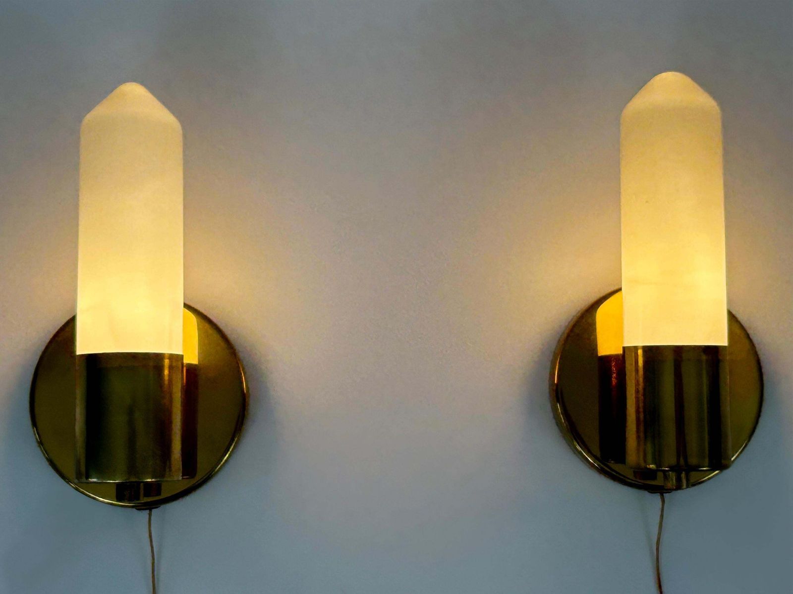 Set Of Two Elegant Bauhaus Brass & Opaline Glass Sconces Germany 1950s photo 1730.0