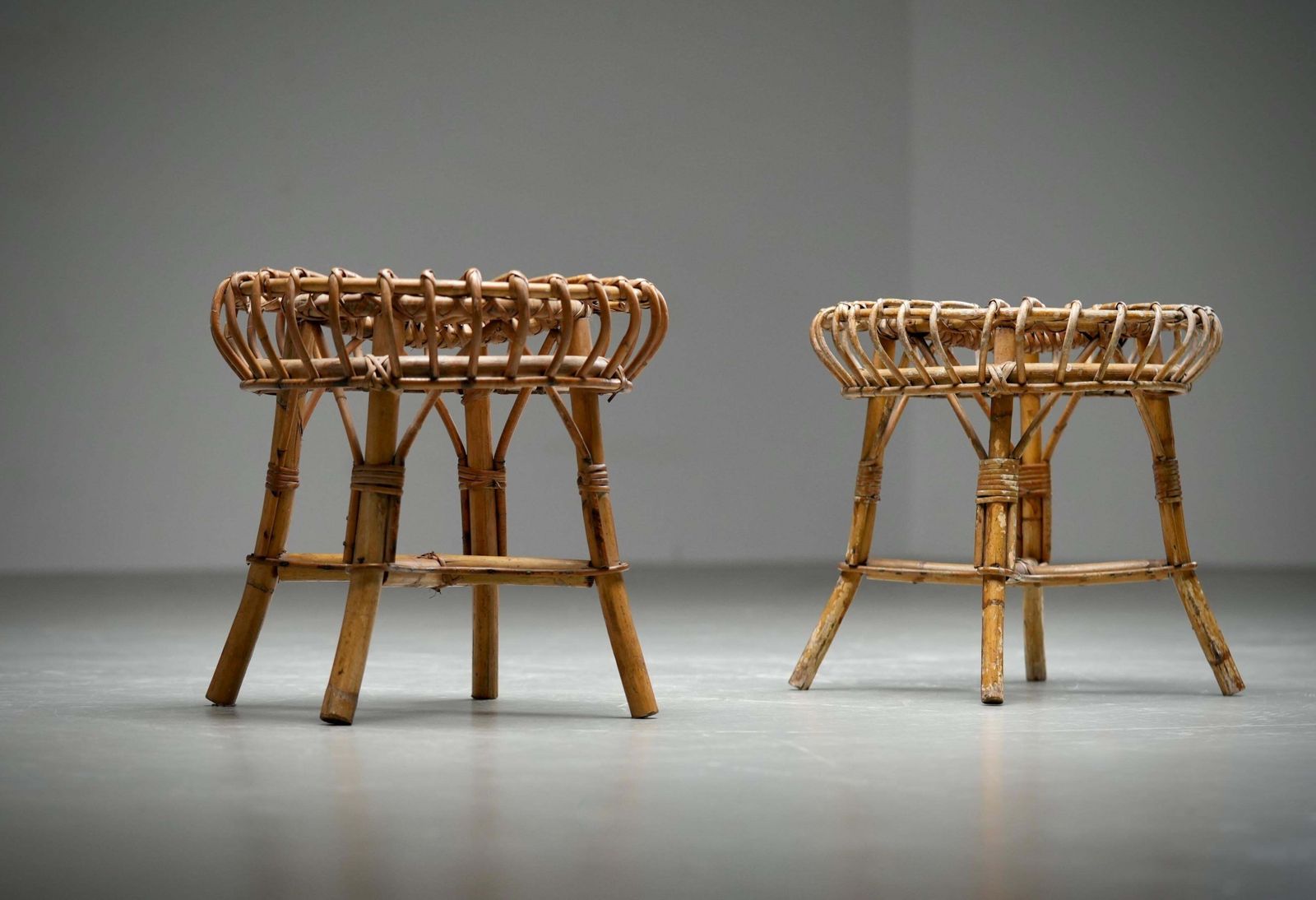 Set Van 2 Franco Albini Rotan En Bamboe Ronde Poefs, Italië Ca. Jaren 1960 photo 1211.0