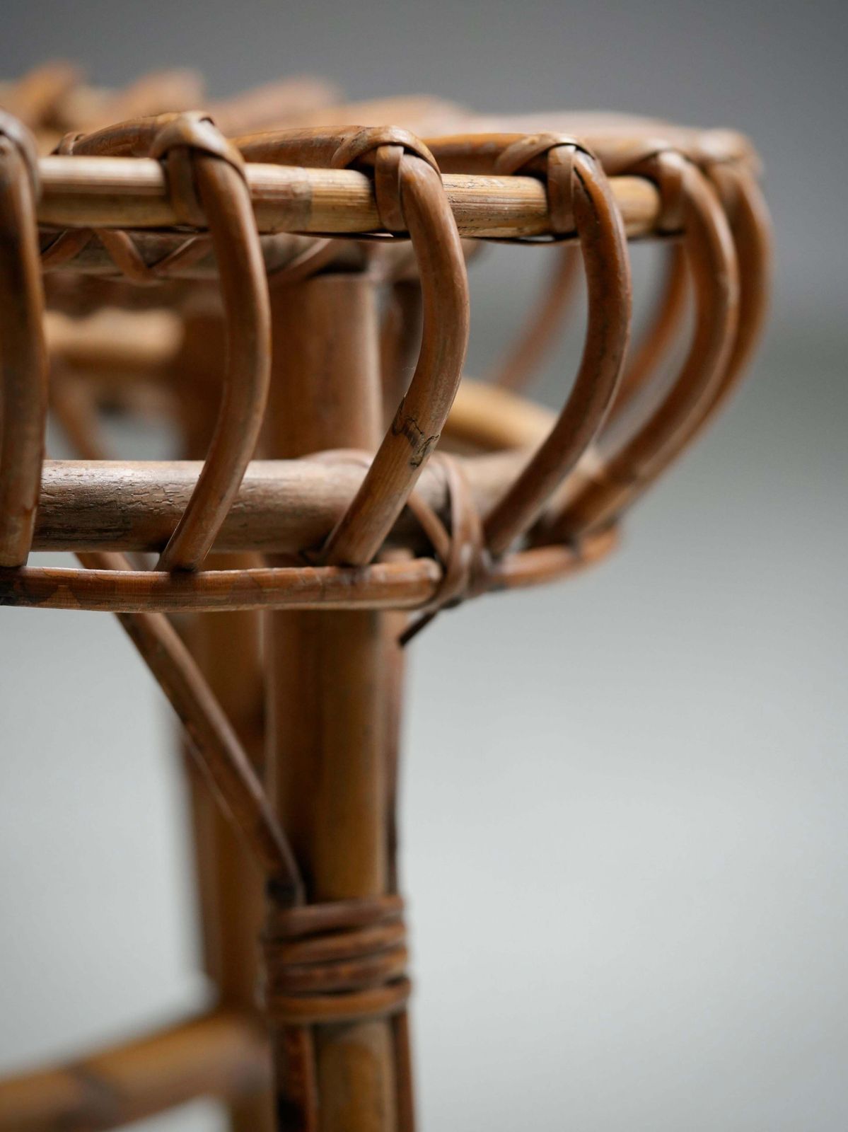 Set Of 2 Franco Albini Rattan And Bamboo Round Ottoman Stools, Italy 1960s photo vintage
