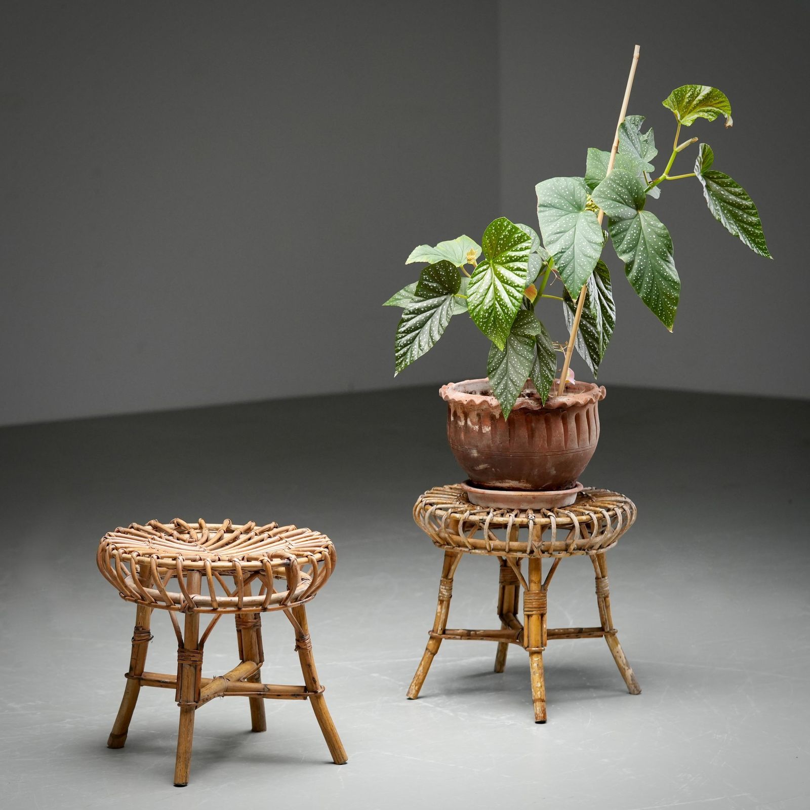 photo furniture Set Of 2 Franco Albini Rattan And Bamboo Round Ottoman Stools, Italy 1960s