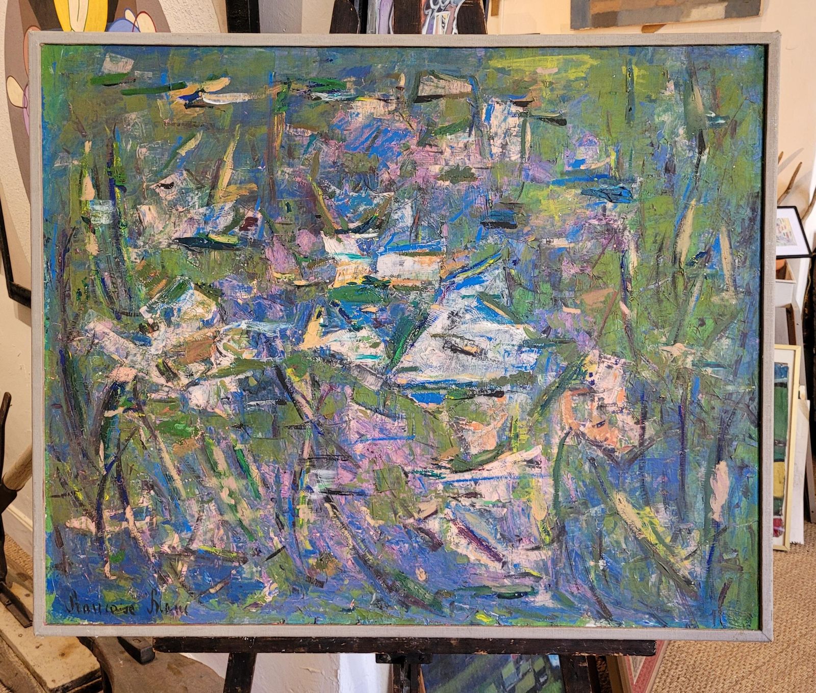 Art Large Abstract Expressionist Oil On Canvas Of Waterlilies, By Françoise Blanc 82.5x101cm photo