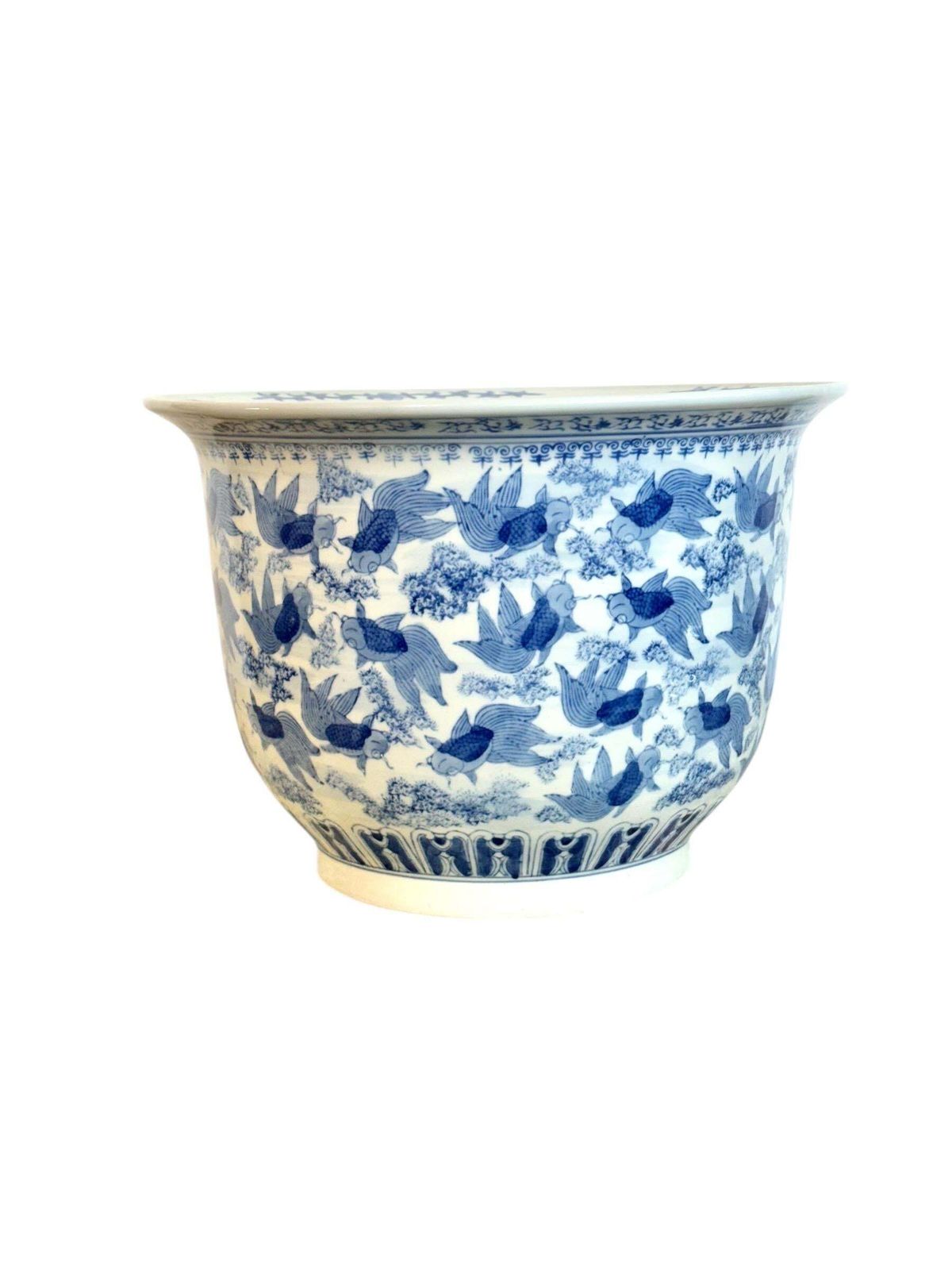 Chinese Blue & White Porcelain Jardinière With Carp, Circa 1900