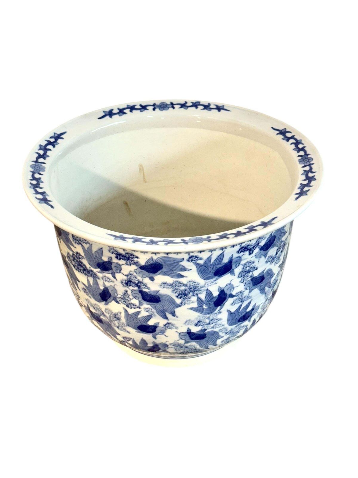 Chinese Blue & White Porcelain Jardinière With Carp, Circa 1900 photo Home Decor