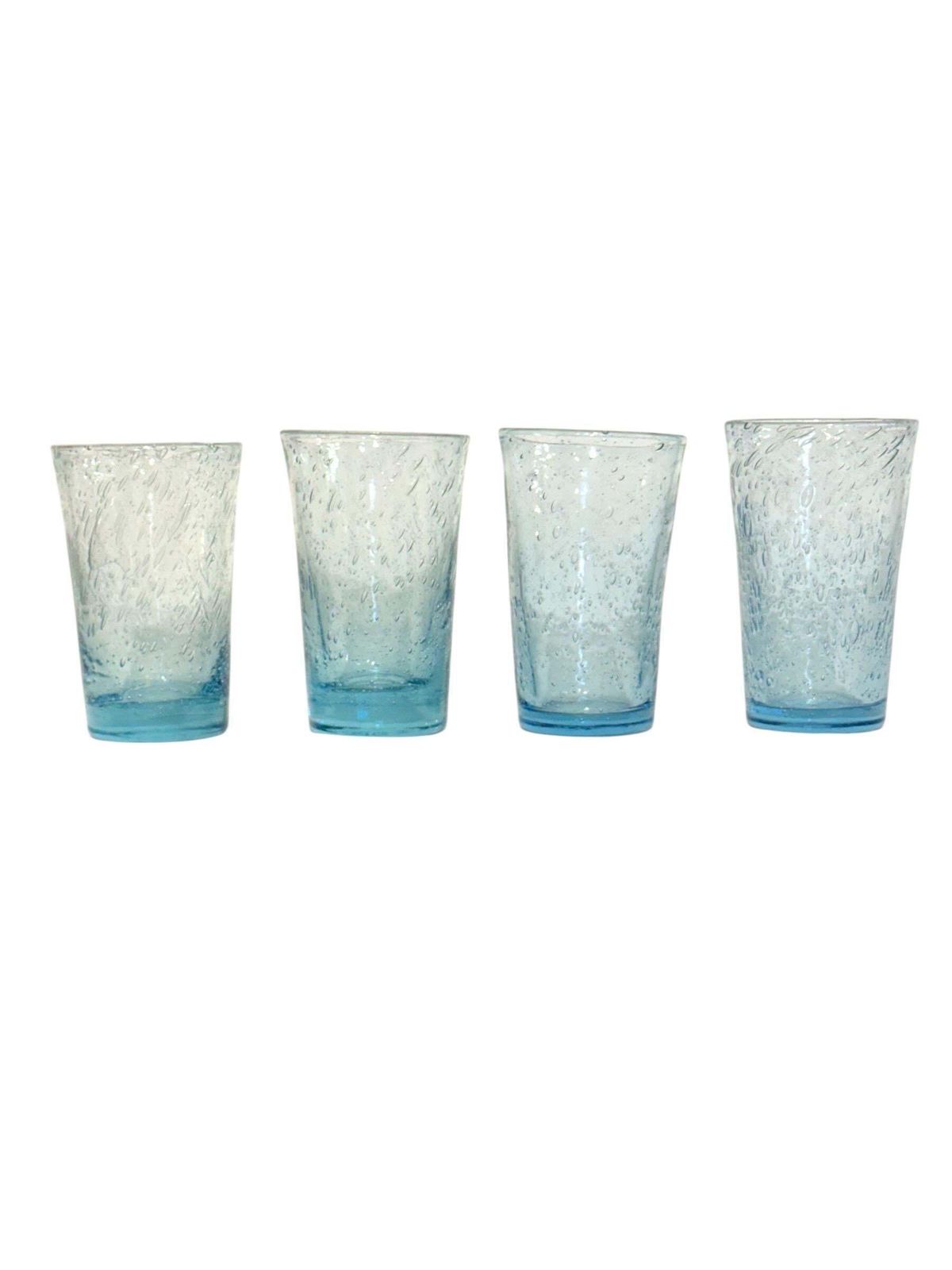 Set Of Four Hand Blown Blue Bubble Glass Tumblers, 20th Century photo for sale