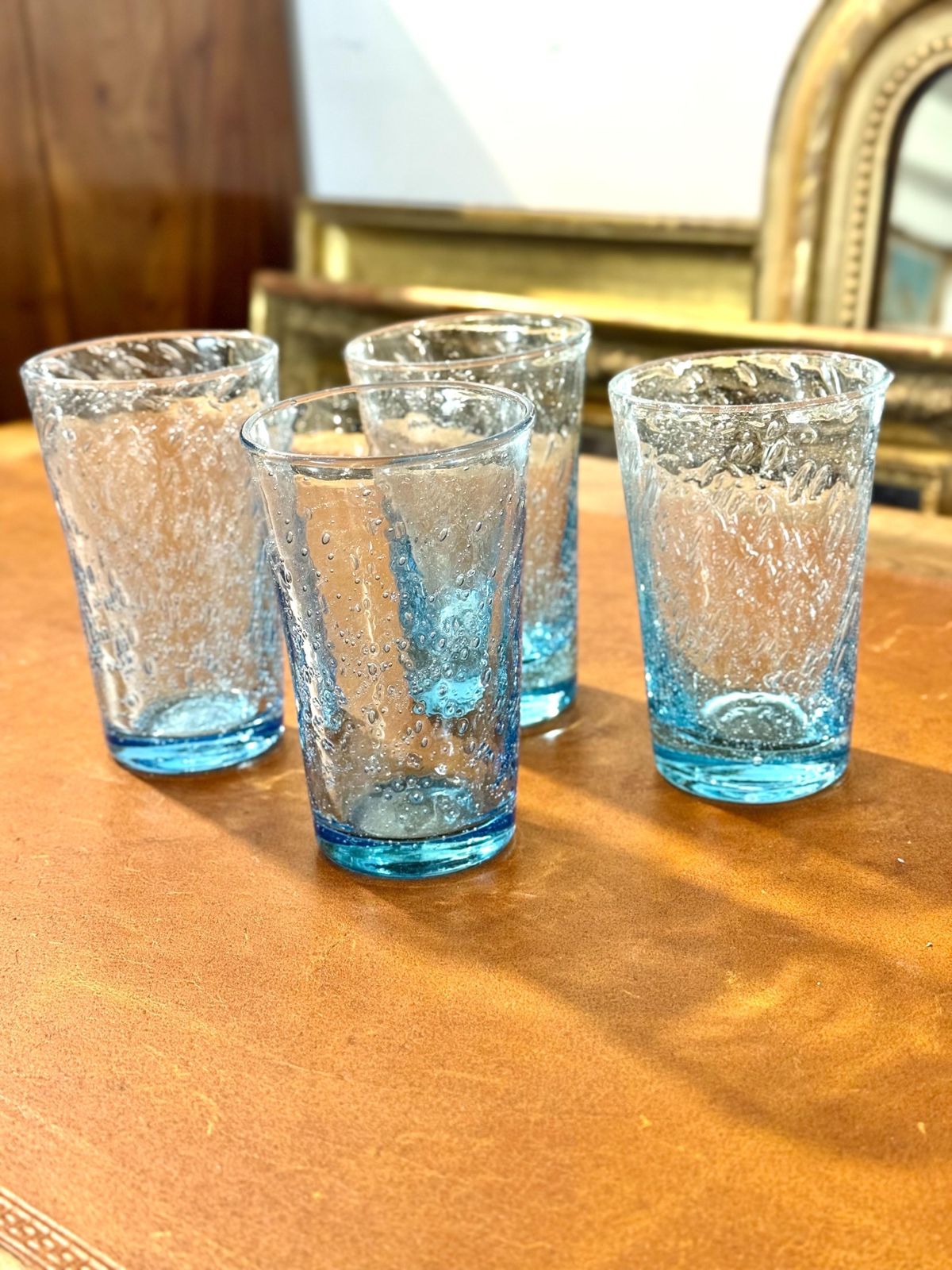 photo vinterior Set Of Four Hand Blown Blue Bubble Glass Tumblers, 20th Century