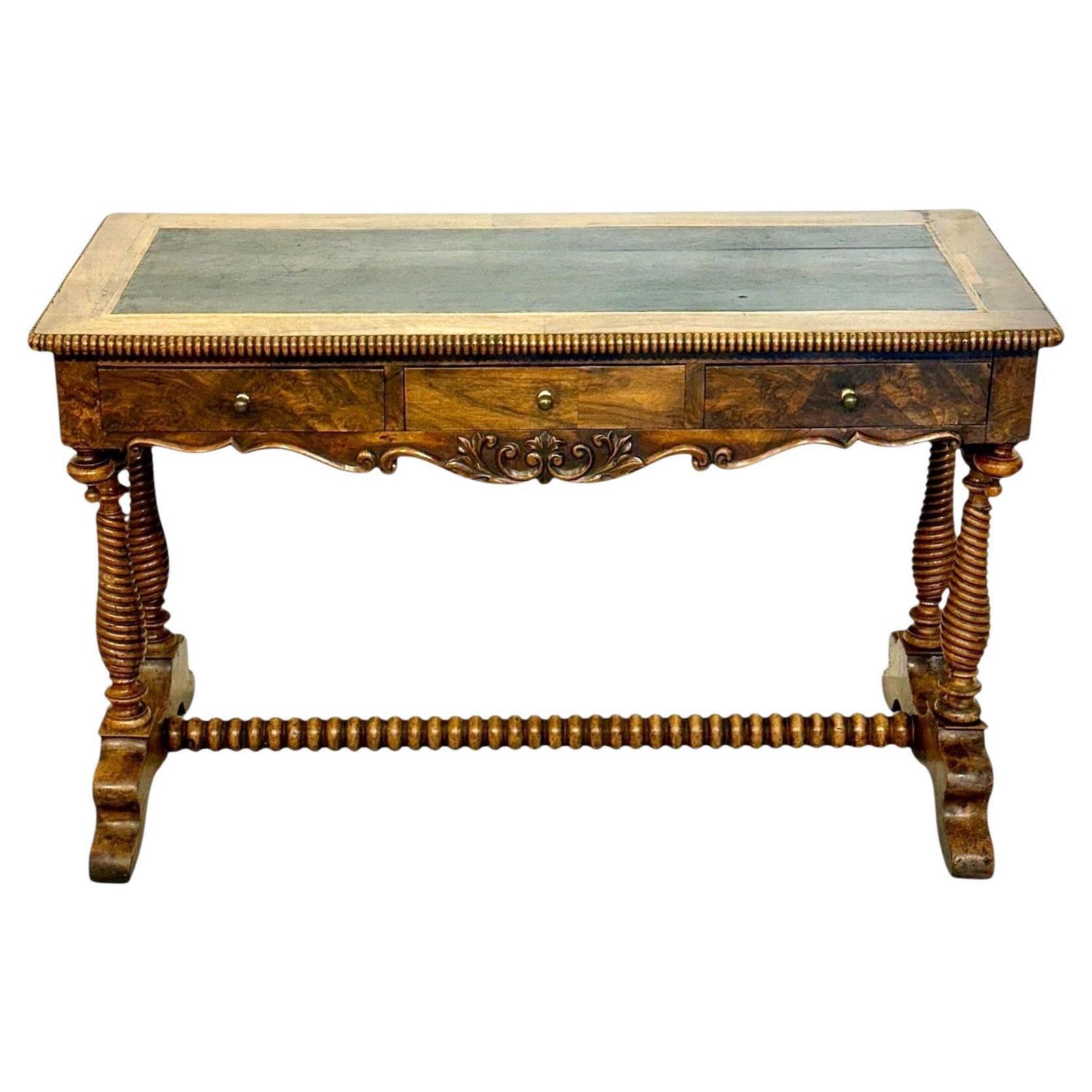 19th Century French Walnut Writing Table With Barley Twist Legs