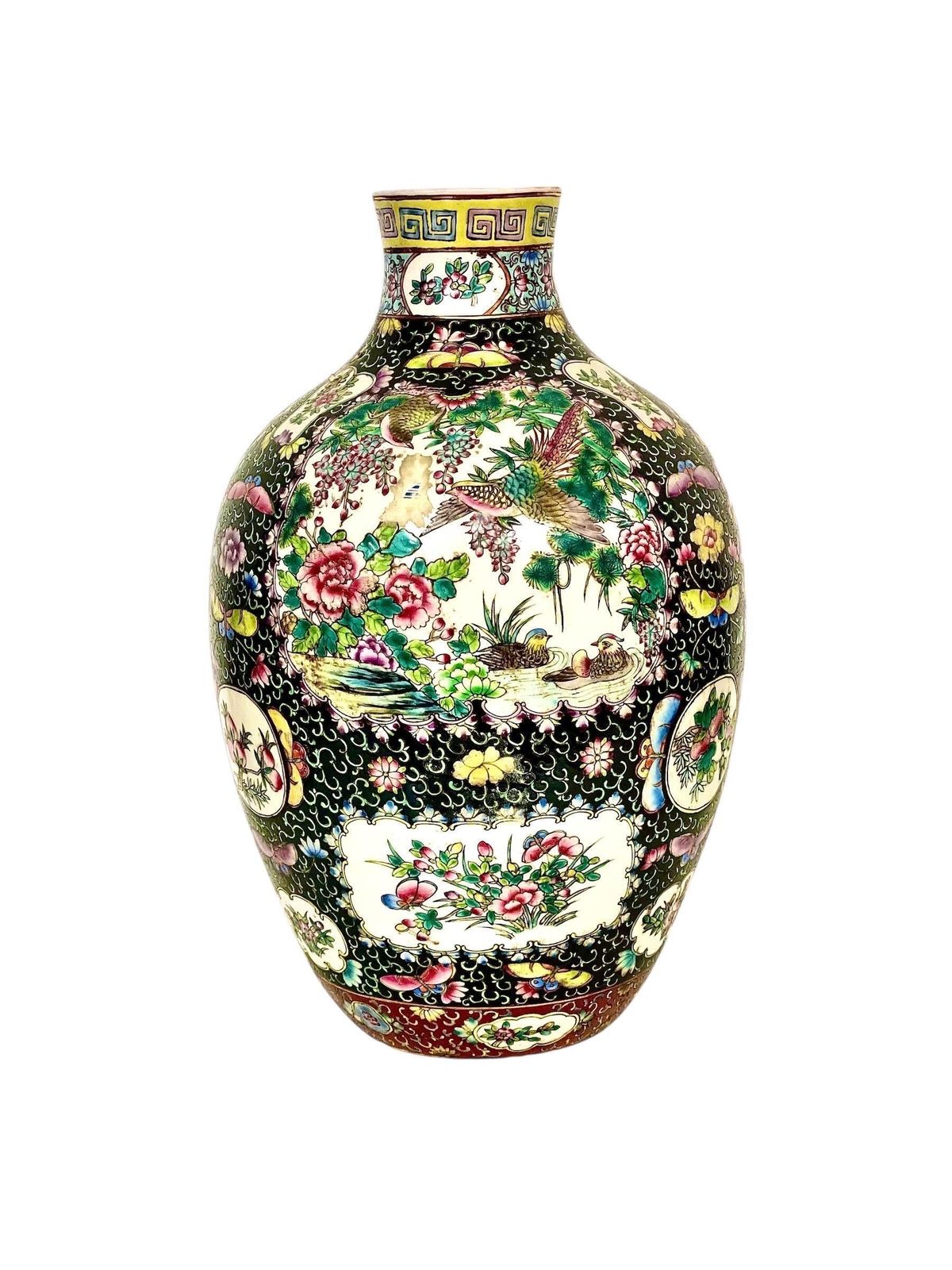 Large Chinese Famille Noire Porcelain Vase With Birds And Floral Panels photo for sale