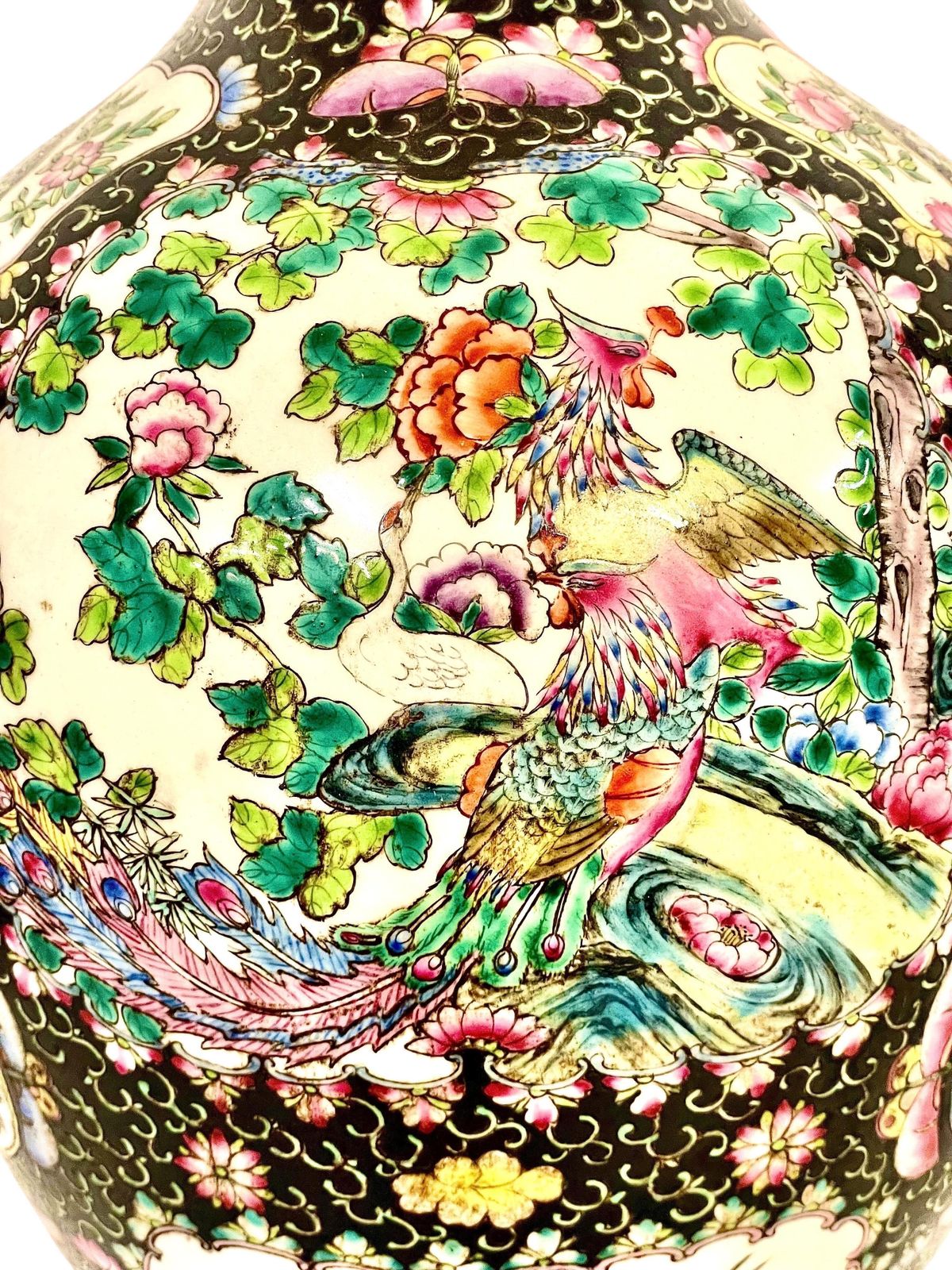 Large Chinese Famille Noire Porcelain Vase With Birds And Floral Panels photo 1426.0
