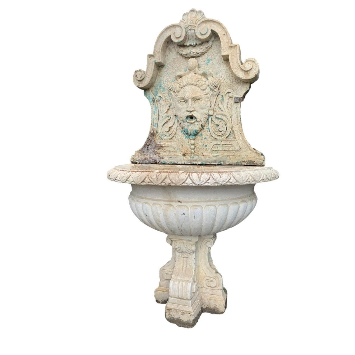 Composite Stone Wall Fountain With Mask And Basin, Italy