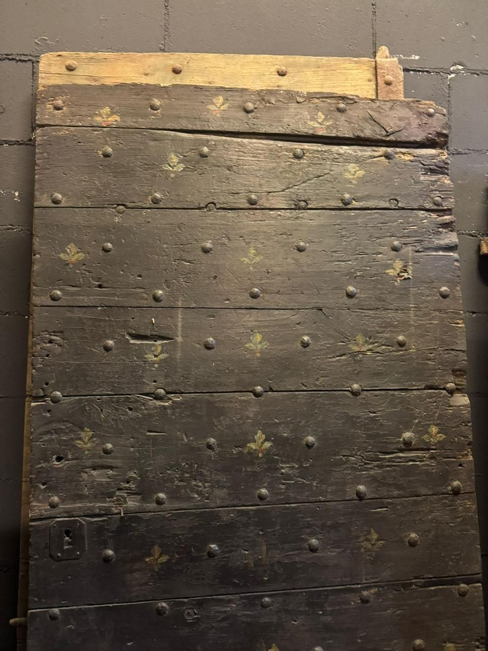 Rustic Lacquered Door With Lilies, 19th Century Era photo for sale