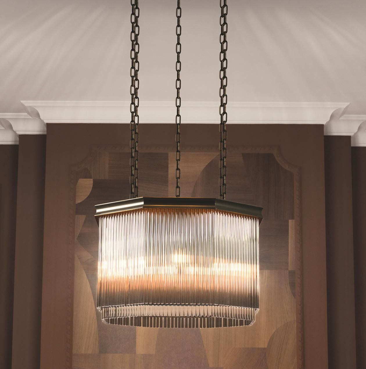 Chandelier In Bronze Finish Metal And Clear Glass, Art Deco Contemporary Style photo for sale