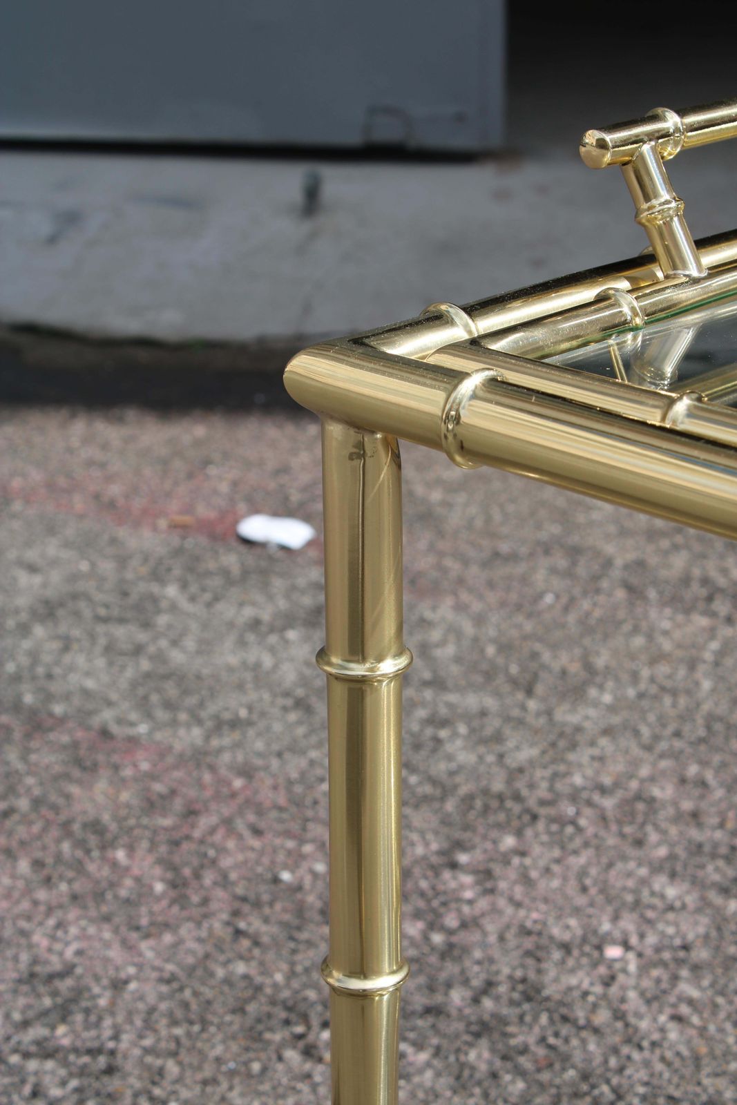 photo vinterior Bar Trolley Pull Out Tray Brass Shaped Bamboo Bar Trolley 1970 Italy