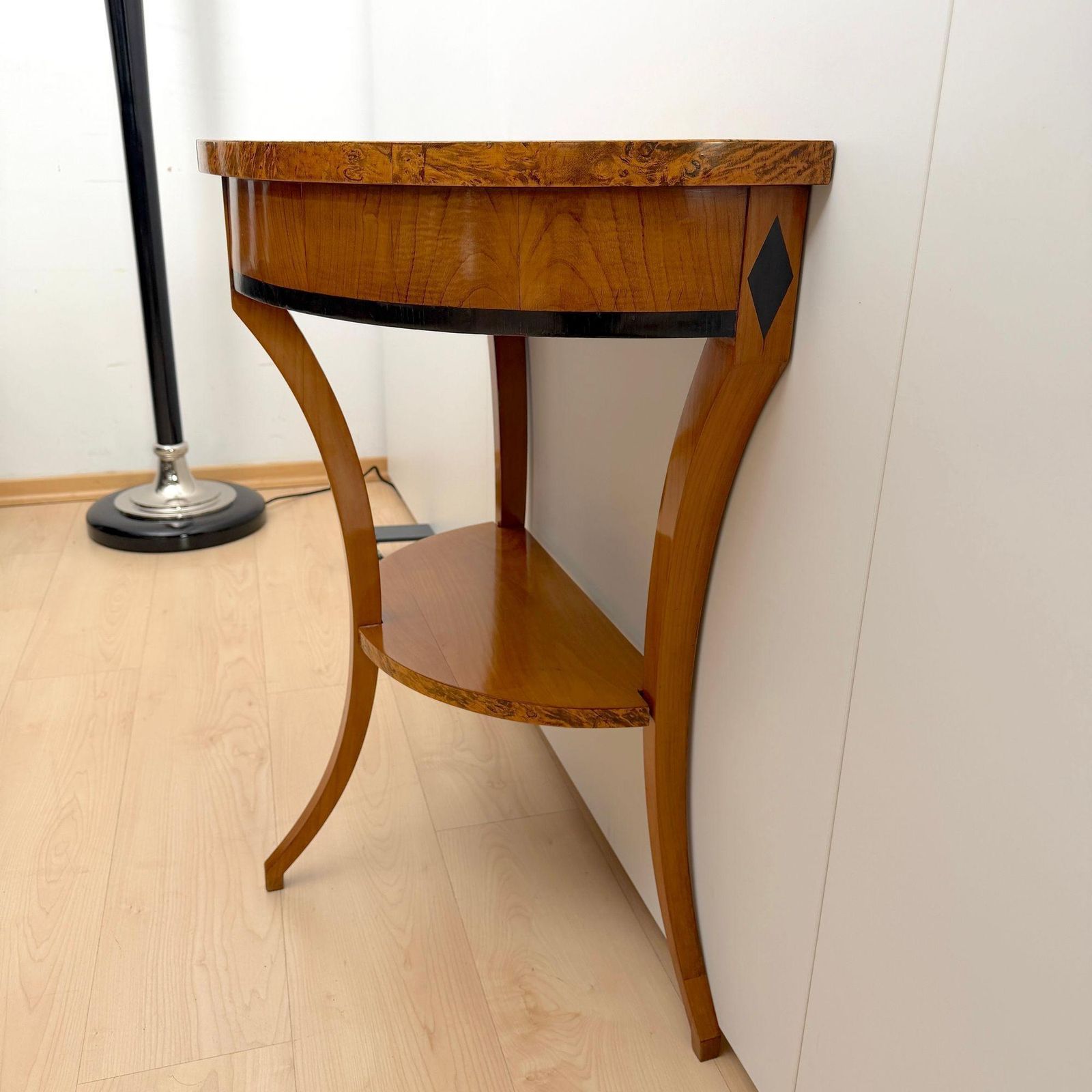 photo furniture Biedermeier Demi Lune Console, Cherrywood, Birch Burl, Franconia Circa 1830