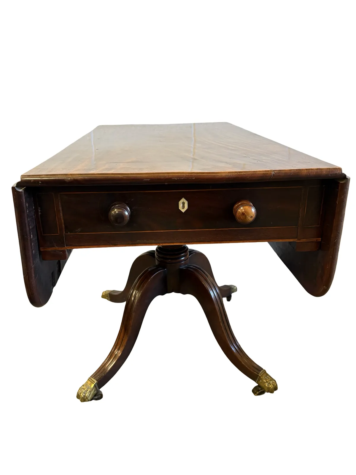 Regency Mahogany Sofa Table With Fitted Drawer On A Turned Column & Reed Legs Brass Paw Feet photo 345.0