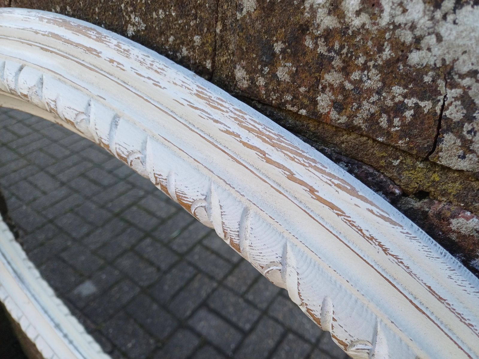 275.0 Large Carved Hand Painted Pine Oval Wall Mirror In Farrow And Ball Wimborne White Distressed Finish Vintage Style photo