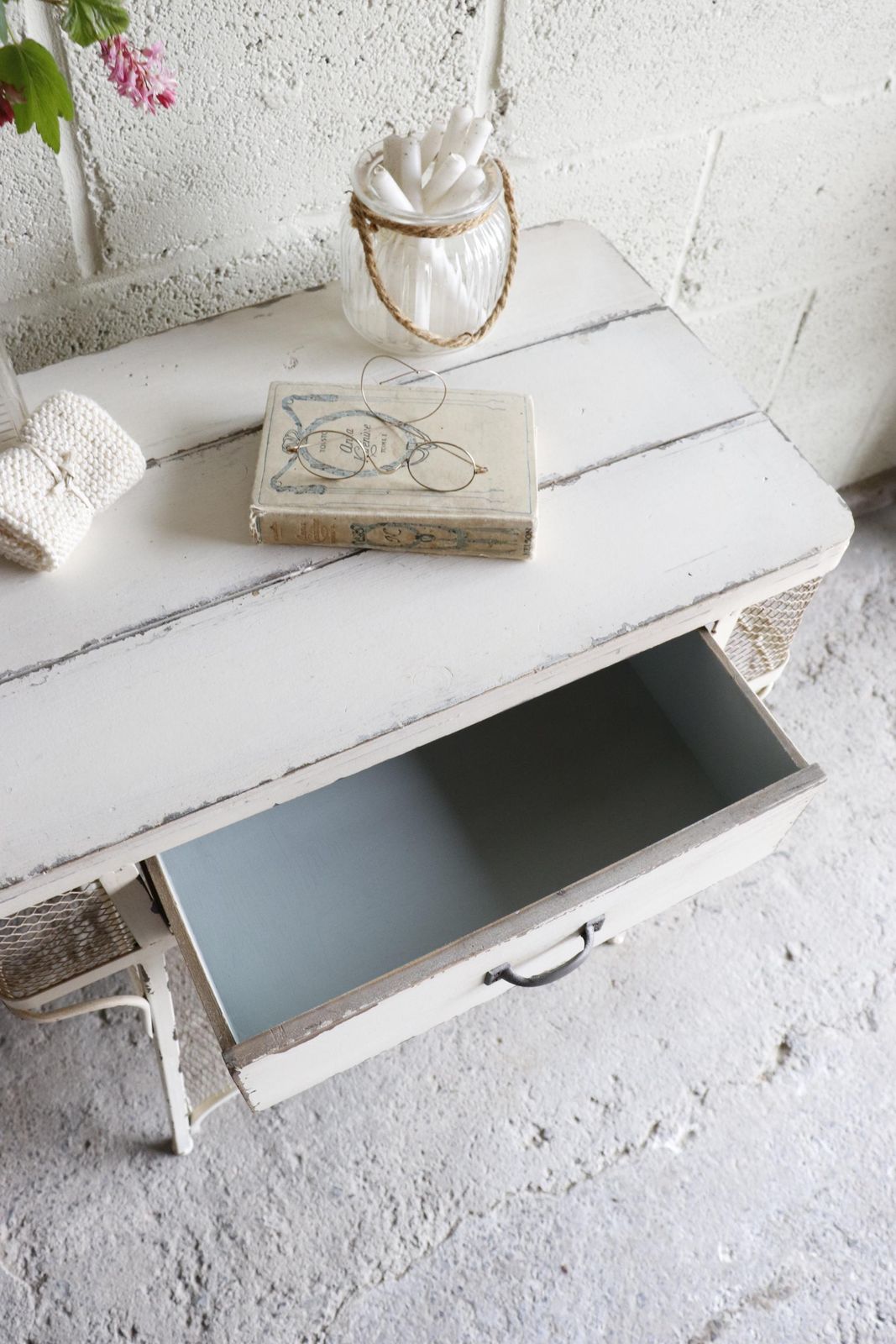 photo furniture Vintage White Painted French Industrial Bedside Or Bathroom Cabinet
