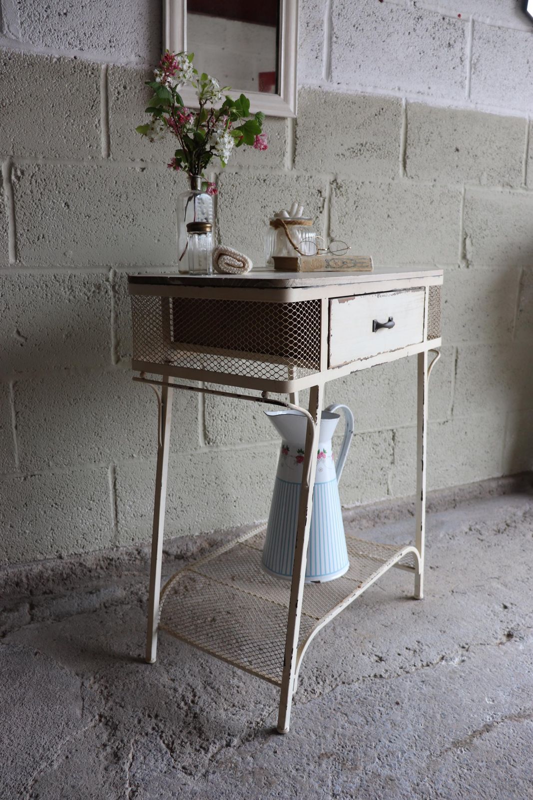 photo for sale Vintage White Painted French Industrial Bedside Or Bathroom Cabinet