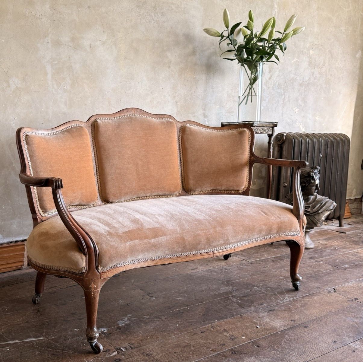 Antique Terricotta Velvet Inlaid Louis XV Continental Chaise Longue Sofa Daybed photo vinterior