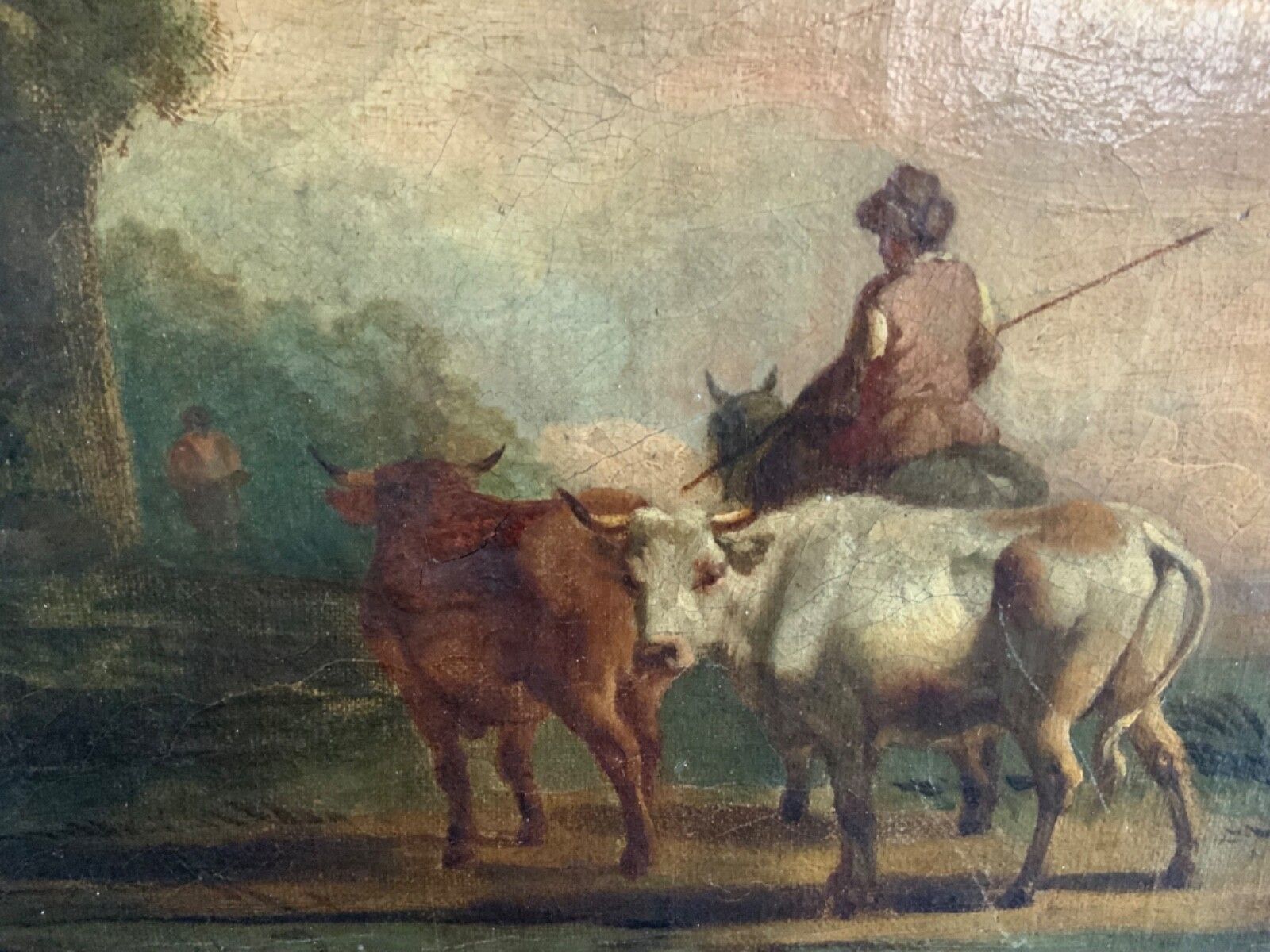 Antique Duch Old Master Oil On Canvas Cattle And Rural Ruins 18th 19th Century photo vintage