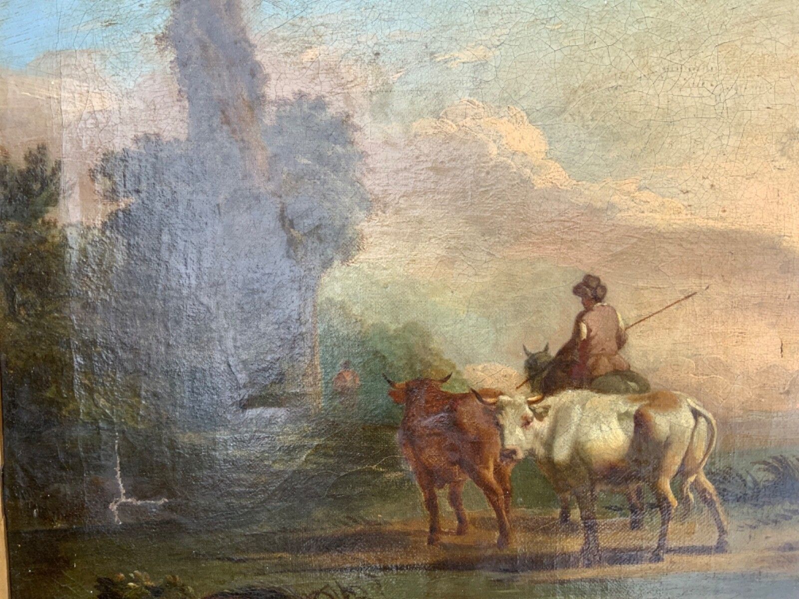 Art Antique Duch Old Master Oil On Canvas Cattle And Rural Ruins 18th 19th Century photo