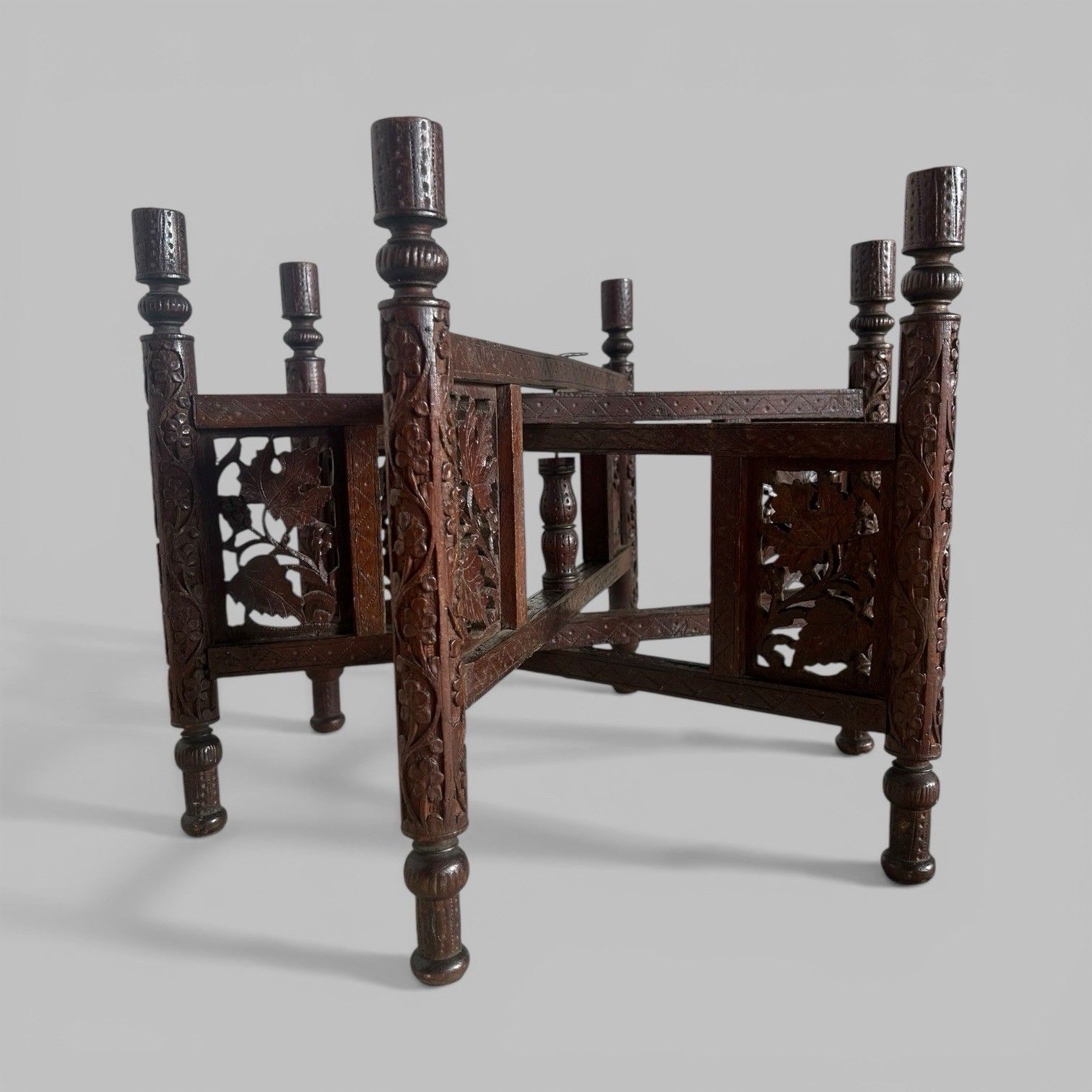 Carved Indian Folding Table With Brass Tray Top – Teak Base photo for sale
