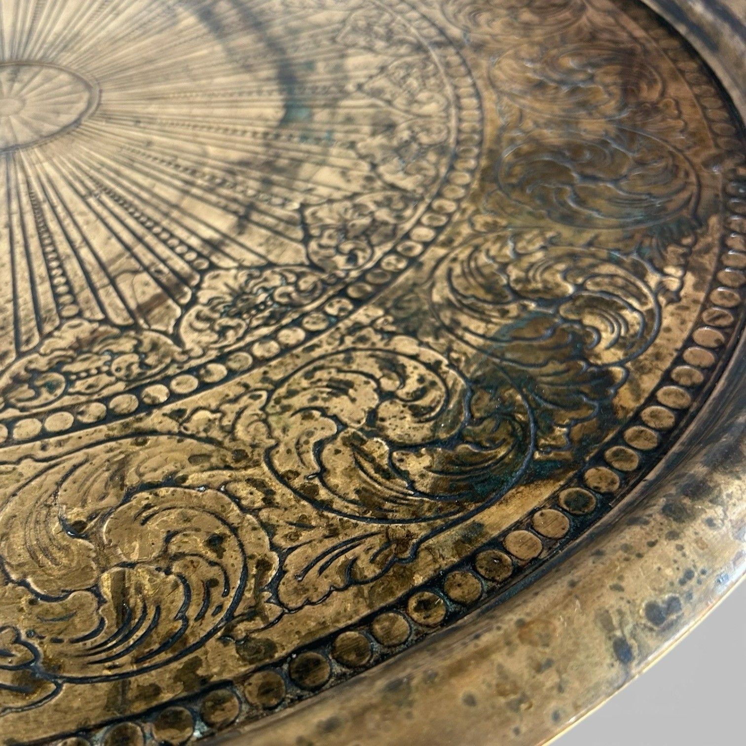 Carved Indian Folding Table With Brass Tray Top – Teak Base photo 125.0