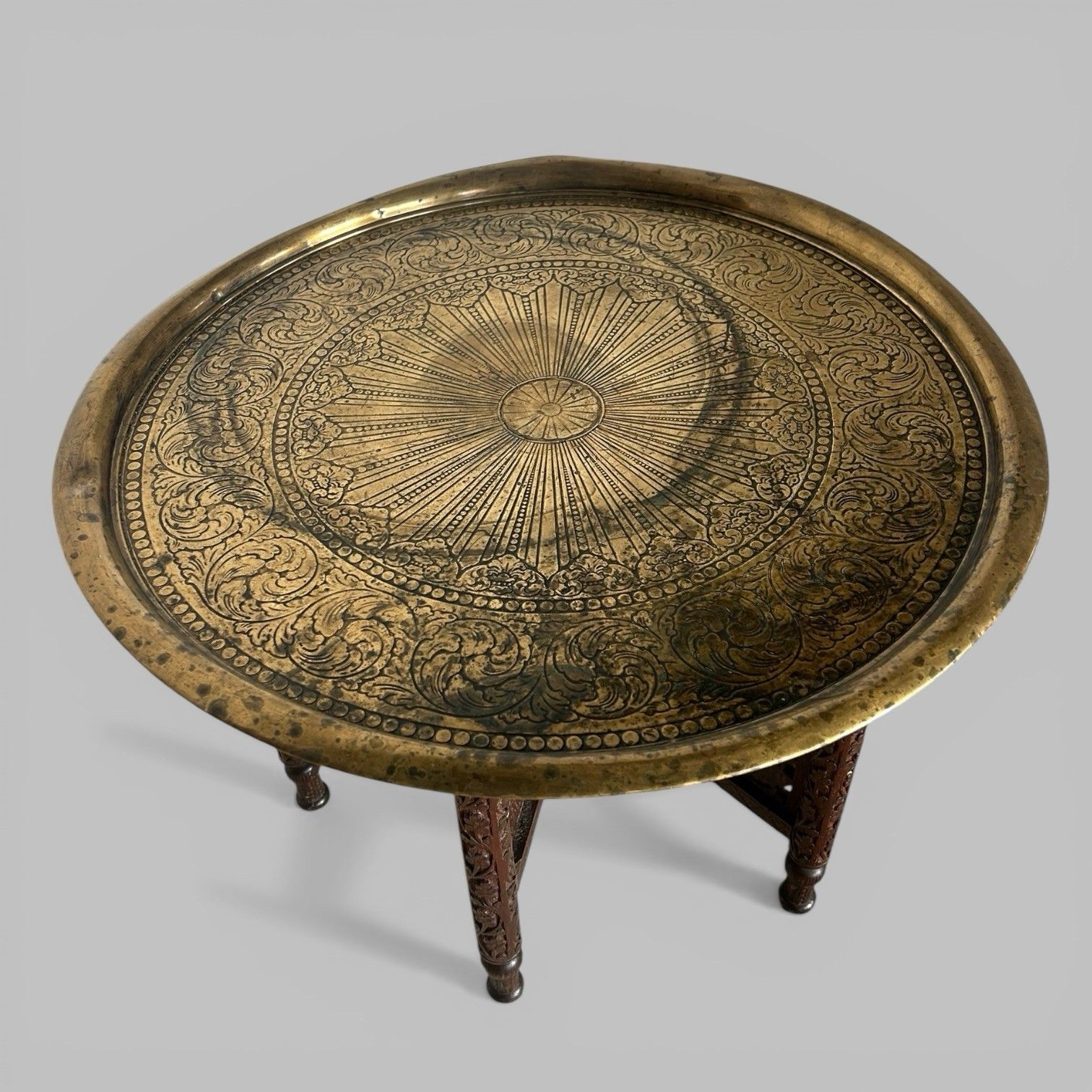 Carved Indian Folding Table With Brass Tray Top – Teak Base photo vinterior