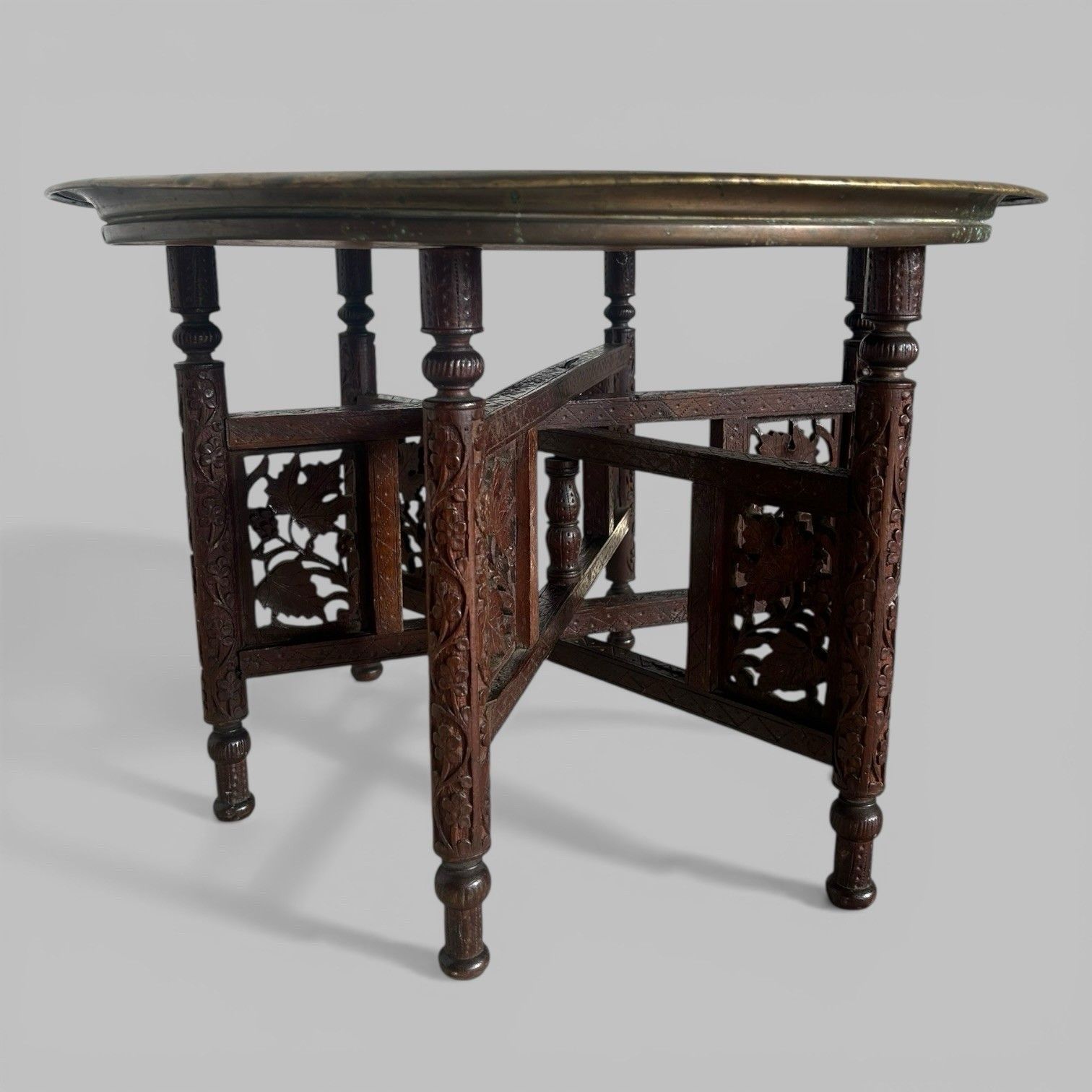 Carved Indian Folding Table With Brass Tray Top – Teak Base photo buy