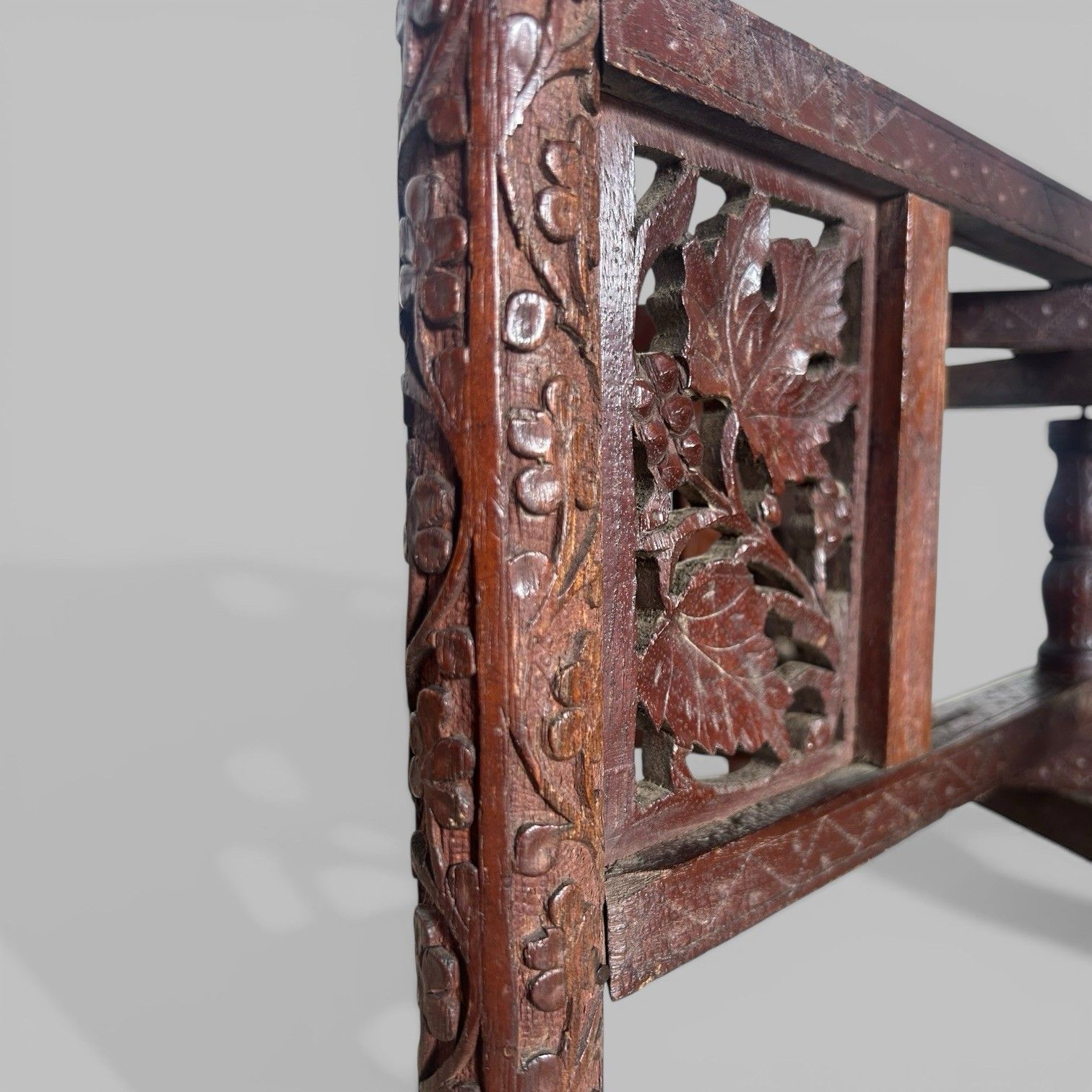 photo for sale Carved Indian Folding Table With Brass Tray Top – Teak Base
