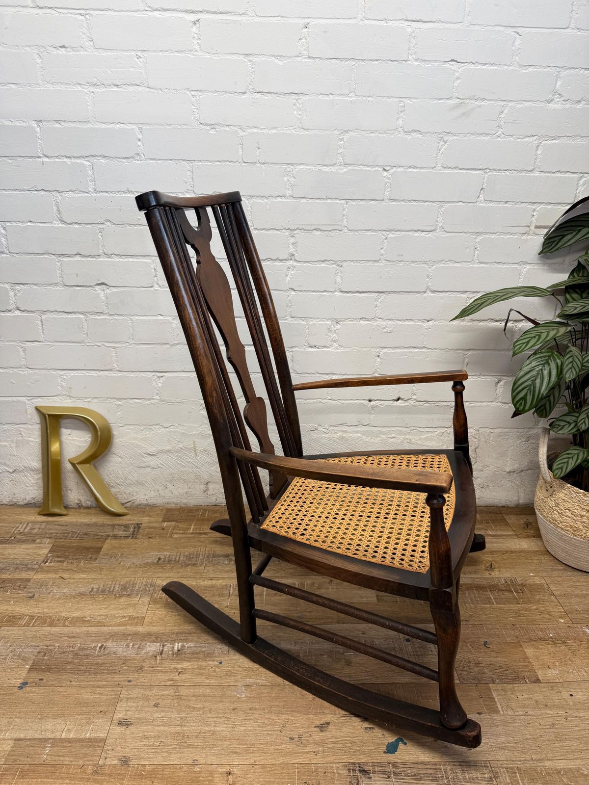 Antique Edwardian Rocking Chair, Cane Seat, Arts & Crafts Armchair, Vintage Spindle Back, Low Seat photo furniture